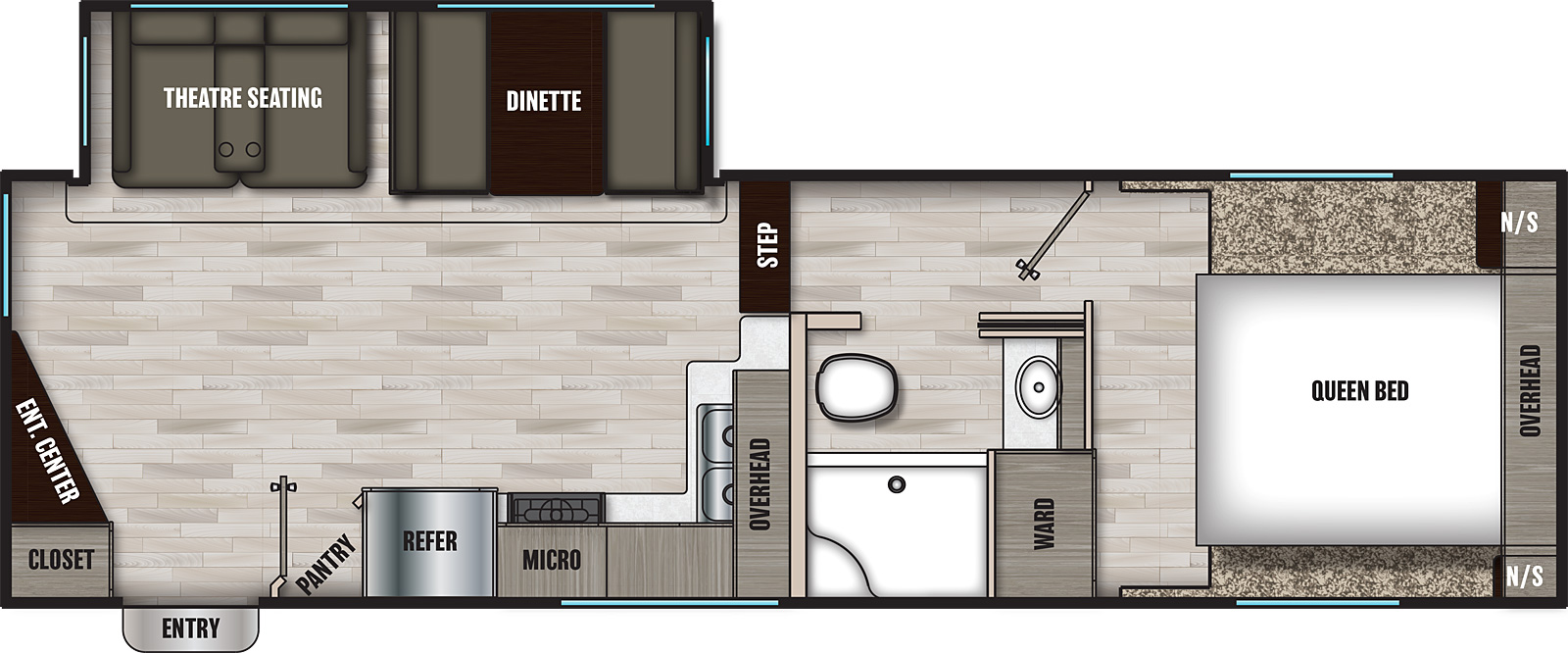 The 25RE has one slide out and one entry. Interior layout front to back: front bedroom with foot facing queen bed, overhead cabinet, night stands on each side, and wardrobe on the door side; door side full bathroom; step down to main living area; off-door side slide out with dinette and theatre seating; kitchen counter along inner wall to door side with overhead cabinets microwave, refrigerator, and angled pantry; angled entertainment center and closet at the rear of the unit next to entry. 