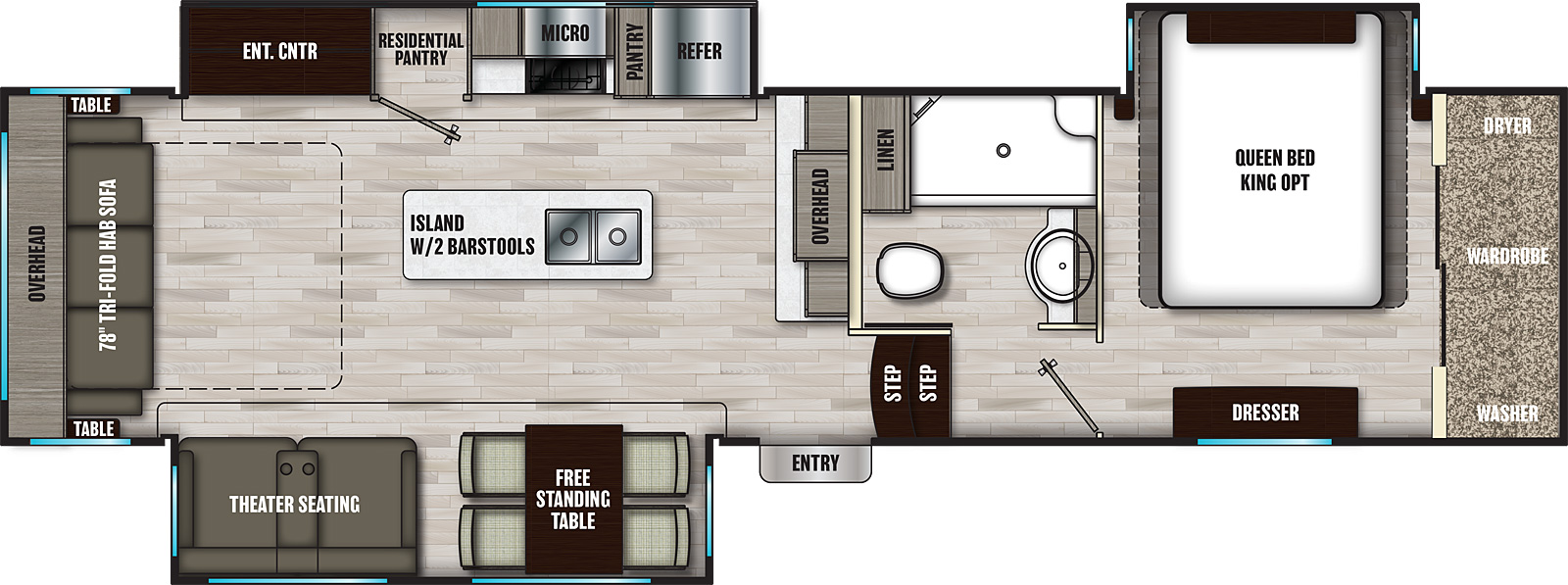 The 336RL has three slideouts and one entry. Interior layout front to back: front bedroom with off-door side queen bed slideout, front wardrobe with washer and dryer, and door side dresser; off-door side full bathroom with linen closet; two steps down to entry and main living area; counter and overhead cabinet along inner wall; kitchen island with two barstools and sink; off-door side slideout with refrigerator, pantry, microwave, countertop, residential pantry, and entertainment center; door side slideout with free-standing table and theater seating; rear tri-fold hide-a-bed sofa with overhead cabinet and tables on each side.