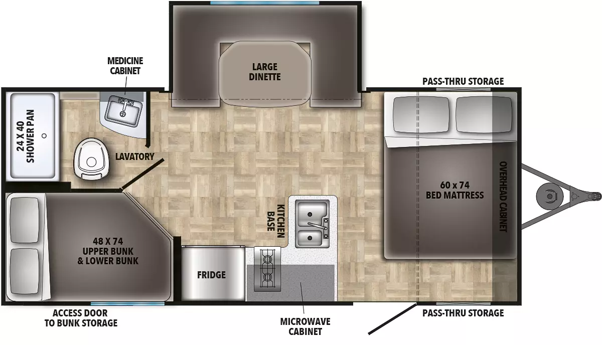 The 19BH has one slideout on the off-door side and one entry door on the door side. Interior layout from front to back: front bedroom with side-facing queen bed and overhead cabinets; off-door side slideout with u-dinette; door side kitchen containing double basin sink, microwave cabinet, cook top stove, overhead cabinet, and refrigerator; rear off-door side bathroom; and rear door side bunks and bunk storage.