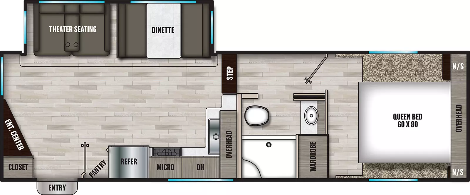 The 25RE has one slide out and one entry. Interior layout front to back: front bedroom with foot facing queen bed, overhead cabinet, night stands on each side, and wardrobe on the door side; door side full bathroom; step down to main living area; off-door side slide out with dinette and theatre seating; kitchen counter along inner wall to door side with overhead cabinets microwave, refrigerator, and angled pantry; angled entertainment center and closet at the rear of the unit next to entry. 