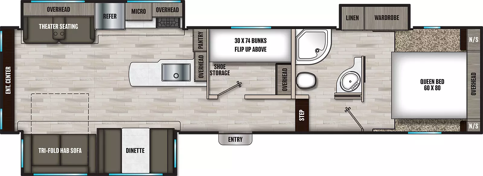 The 30BHS has three slide outs and one entry. Interior layout front to back: front bedroom with a foot facing queen bed, overhead cabinet, night stands on each side, and off-door side slideout with wardrobe and linen cabinet; off-door side full pass-through bathroom; step down to the off-door side bunk room with overhead storage, shoe storage, and bunks with top bunk flip-up; entry door across from bunk room; off-door side peninsula kitchen counter that wraps from the middle of the unit to the inner wall with overhead cabinet and pantry; off-door side slideout with overhead cabinet, microwave, refrigerator, and theater seating with overhead cabinet; door side slideout with dinette and tri-fold hide-a-bed sofa; rear entertainment center.