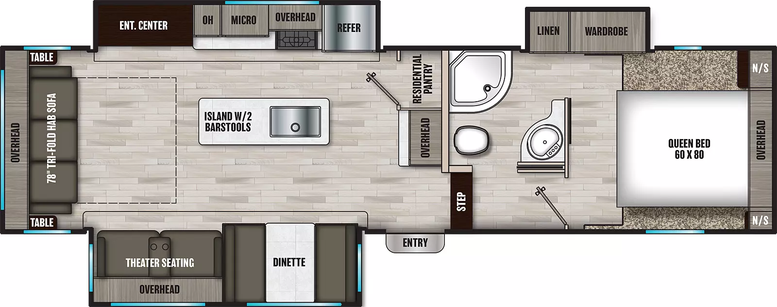 The 30RLS has three slideouts and one entry. Interior layout front to back: front bedroom with foot facing queen bed with overhead cabinet and night stands on each side, and off-door side slideout with wardrobe and linen cabinet; off-door side full pass-through bathroom; step down to main living area and entry; counter with overhead cabinet and residential pantry along inner wall; kitchen island with two bar stools and sink; off-door side slideout with refrigerator, overhead cabinet, microwave, kitchen counter, and entertainment center; door side dinette, and theater seating with overhead cabinet; rear tri-fold hide-a-bed sofa with overhead cabinet and tables on each side.