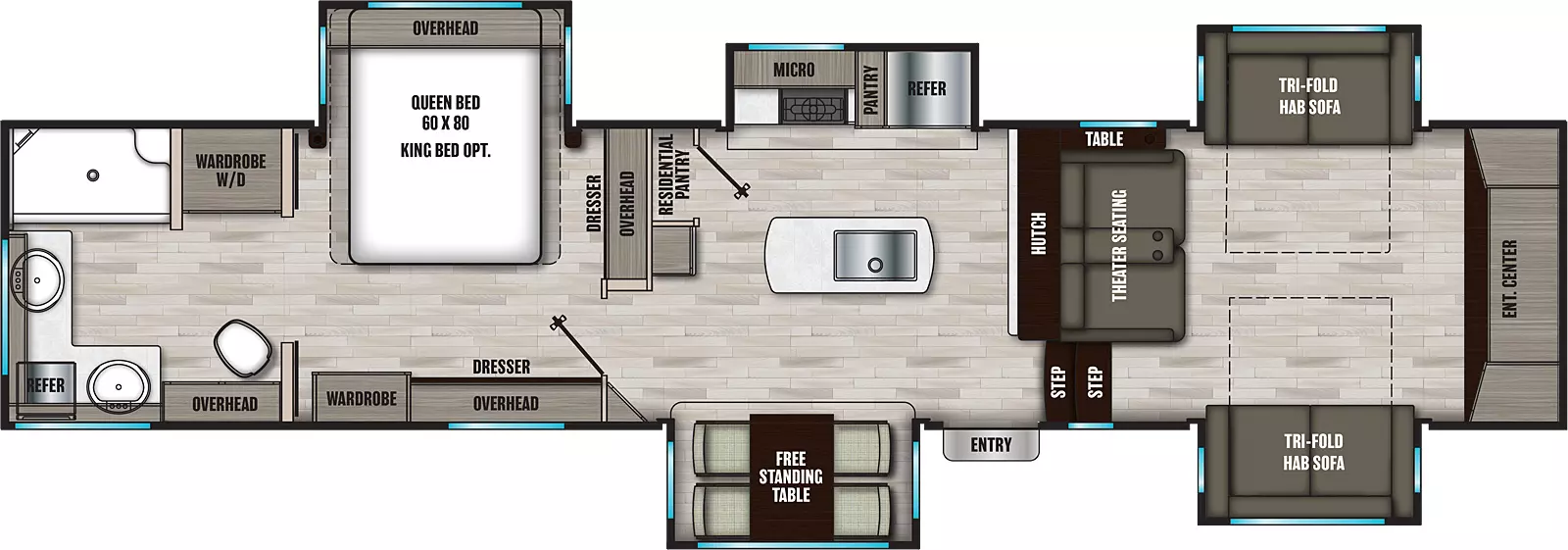 The 334FL has five slideouts and one entry. Exterior features a rear small refrigerator. Interior layout front to back: front living room with front entertainment center with theater seat and table opposite, and opposing tri-fold hide-a-bed sofa slide outs; two steps down into the kitchen and entry with door side free-standing table, kitchen island with sink, hutch along inner wall, off-door side slideout with refrigerator, pantry, microwave, and kitchen counter, and residential pantry along inner wall opposite hutch; bedroom with dresser and overhead cabinet along inner wall, off-door side queen bed slideout with overhead cabinet, and door side dresser with overhead cabinet and wardrobe; rear full bathroom with wardrobe washer/dryer. Optional king bed available in place of queen bed.