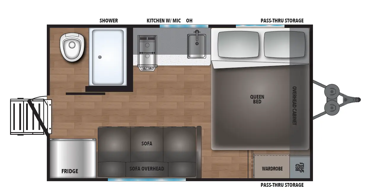 The 16RE has no slide outs and 1 entry door at the rear of the travel trailer. Exterior feature includes a front pass through storage. Interior layout from front to back includes: side-facing Queen bed with overhead cabinet; wardrobe and bed shelf in front right corner; road-side kitchen with stovetop, sink and microwave; curb-side sofa with overhead cabinet; rear curb side corner refrigerator; rear road side corner bathroom with toilet and shower.