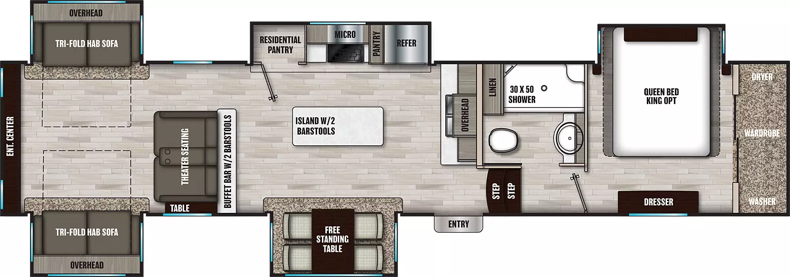 The 381RE has four slide outs two on the off-door side two on the door side and one entry door on the door side. Interior layout from front to back: front bedroom with dryer, wardrobe, washer, dresser, and off-door side slide out containing side facing queen bed; off-door side bathroom; off-door side double basin sink with overhead cabinet; door side slide out containing free standing table and chairs; free standing island with two bar stools; off-door side slide out containing refrigerator, pantry, cook top stove, microwave cabinet, and pantry; door side theater seating with side table; off-door side and door side slide outs containing tri-fold sofas with overhead cabinet; and rear entertainment center.