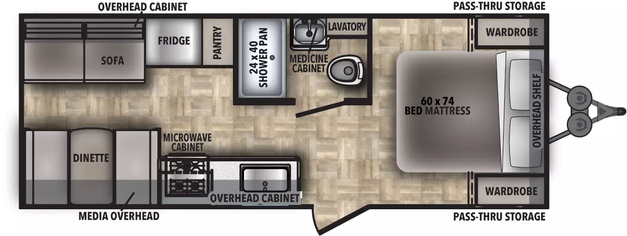 The 21CK has no slide outs and one entry door on the door side. Interior layout from front to back: bedroom with side-facing queen bed; bathroom; kitchen living dining area; kitchen with double basin sink, cook top stove, microwave cabinet, refrigerator, and overhead cabinet; sofa with overhead cabinet; and dinette with media overhead.