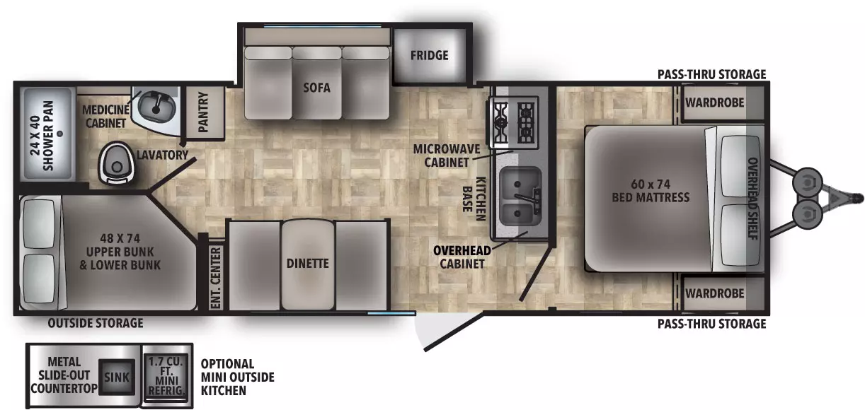 The 25RS has one slide out on the off-door side and one entry door on the door side. Interior layout from front to back: front bedroom with side-facing queen bed; kitchen with cook top stove, microwave cabinet, double basin sink, and overhead cabinet; kitchen living dining area with off door side slide out containing refrigerator and sofa; dinette with entertainment center; bathroom; and rear bedroom with bunks.