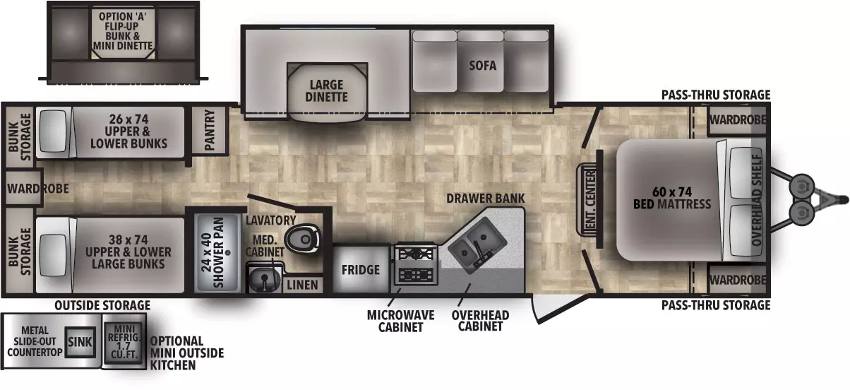 The 30QB has one slide out on the off-door side with one entry door on the door side. Interior layout from front to back: front bedroom with side-facing queen bed; kitchen living dining area with off door side slide out containing sofa and large dinette; entertainment center; kitchen with double basin sink, overhead cabinet, cook top stove, microwave cabinet, and refrigerator; bathroom; and rear bedroom with two sets of bunks, and bunk storage.