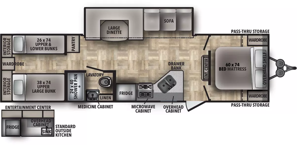The 31OK has one slide out on the off-door side and one entry door on the door side. Interior layout from front to back: front bedroom with side-facing  queen bed; kitchen, living, dining area with off-door side slide out containing sofa and large dinette; entertainment center; kitchen with double basin sink, overhead cabinet, cook top stove, microwave cabinet, and refrigerator; bathroom; and rear bedroom with two sets of bunks, and bunk storage.