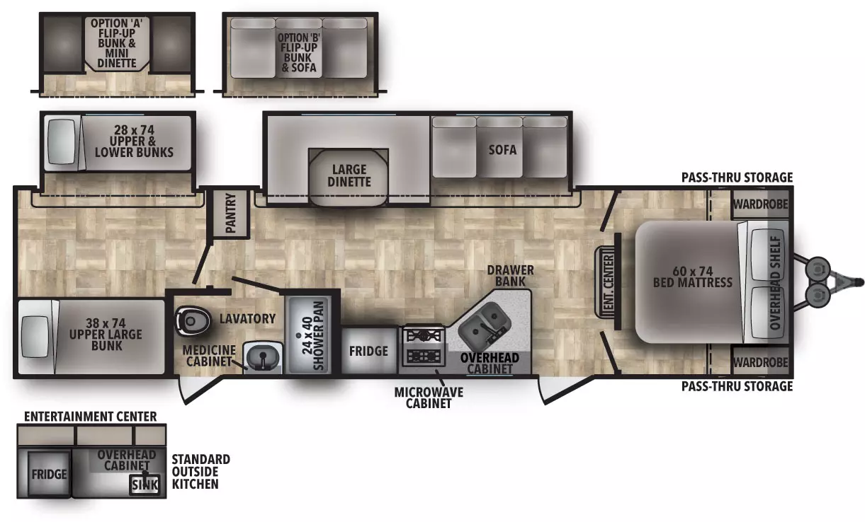 The 32DS has two slide outs on the off-door side and two entry doors on the door side. Interior layout from front to back: front bedroom with side-facing queen bed; kitchen living dining area with off door side slide out containing sofa and large dinette; entertainment center; kitchen with double basin sink, overhead cabinet, cook top stove, microwave cabinet, and refrigerator; bathroom; and rear bedroom with off door side slide out containing bunks and one bunk adjacent from the others. Door-side outside entertainment center with overhead cabinets, sink and mini-fridge. 